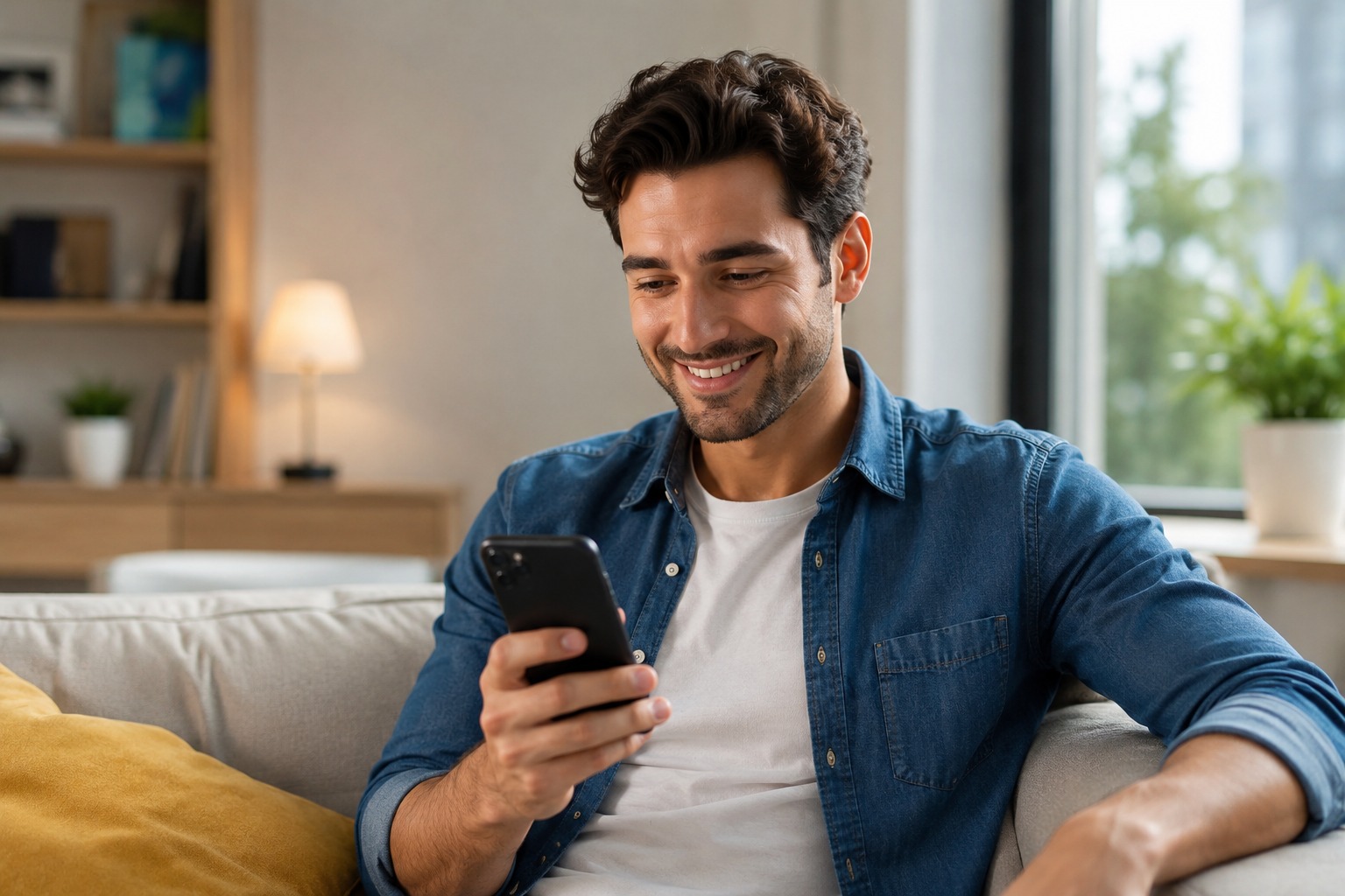 Telefonuyla yapay zeka asistanını kullanan kişi